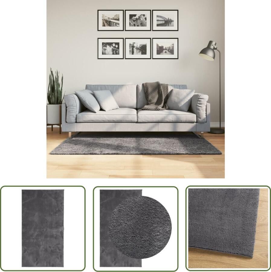 The Living Store Vloerkleed HUARTE laagpolig zacht wasbaar 80x150 cm antraciet Vloerkleed Huarte Antraciet Polyester Kort Haar