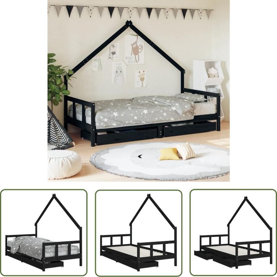 The Living Store Kinderbedframe Huisbed Ontwerp Massief grenenhout Stevige lattenbodem Opberglades Zwart 205.5 x 95.5 x 163.5 cm 90 x 200 cm Geschikt vanaf 4 jaar Montage vereist