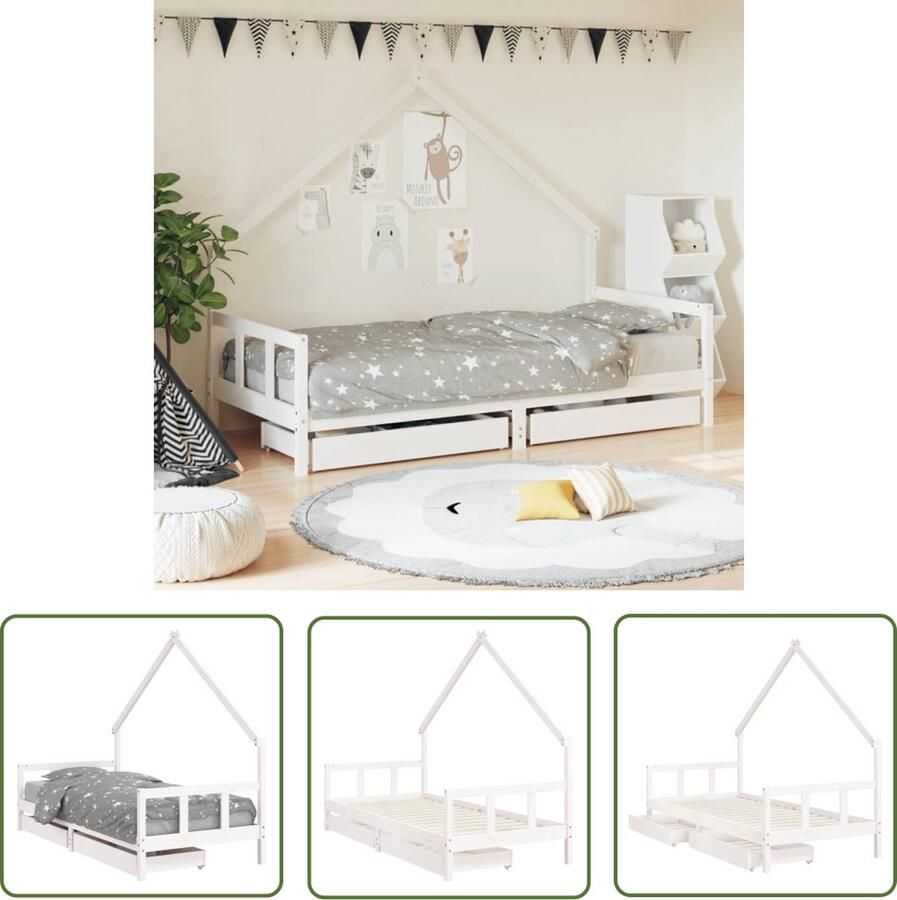 The Living Store Kinderbedframe Huisbeddesign Massief grenenhout Opberglade 205.5 x 95.5 x 163.5 cm Wit Geschikt vanaf 4 jaar Kinderbed Huisbed Grenenhout Bed Witte Kinderkamer Opbergruimte