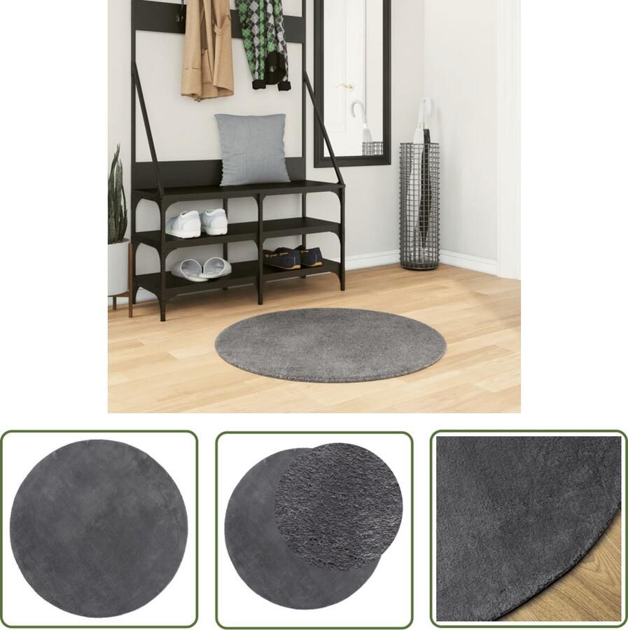The Living Store Vloerkleed HUARTE laagpolig zacht wasbaar Ø 80 cm antraciet Vloerkleed Huiskamer Tapijt Slaapkamer Tapijt Anticiet Vloerkleed Pluche Vloerkleed