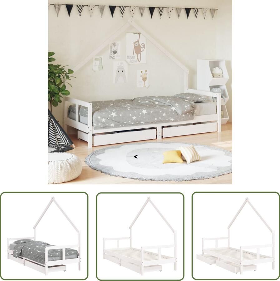 The Living Store Kinderbedframe Huisontwerp Massief Grenenhout Opberglade Wit 205.5 x 85.5 x 163.5 cm Geschikt voor kinderen vanaf 4 jaar Montage vereist Kinderbed Frame Huisvormig Bed Grenenhout Bed Kids Bed Kinderkamer Meubels
