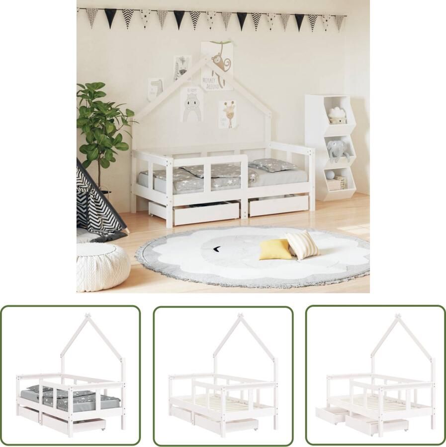 The Living Store Kinderbedframe Huisontwerp Massief grenenhout Stevige lattenbodem Opberglade Wit 145.5 x 75.5 x 141 cm Geschikt voor 18m-4j Kinderbed Huisvormig Bed Grenenhouten Bed Kidsbed Peuterbed