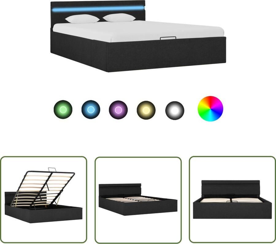 The Living Store Stoffen Bedframe Donkergrijs 211x128x73 cm Met Opbergvak Hydraulisch LED-strip 120x200 cm Stof Bed Hydraulisch Bed Led Bed Boxspring Bed Donkere Grijze Bed
