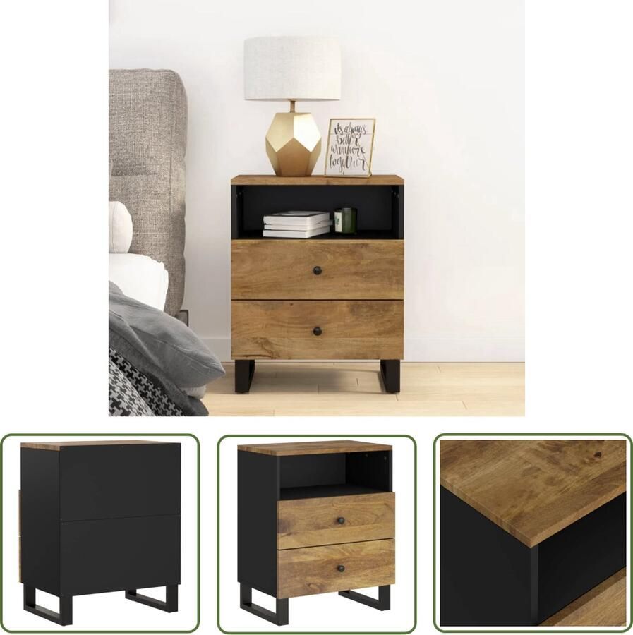 The Living Store Nachtkastje Industrieel 50 x 33 x 62 cm Massief mangohout Nachtkastje Industrial Design Mango Wood Houten Kast Bijzettafel - Foto 2