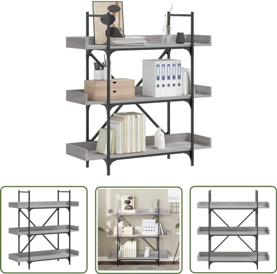 The Living Store Boekenkast 3-laags 100x33x108 5 cm bewerkt hout grijs sonoma Boekenkast Industrieel Houten Boekenkast Grijze Boekenkast Salontafel