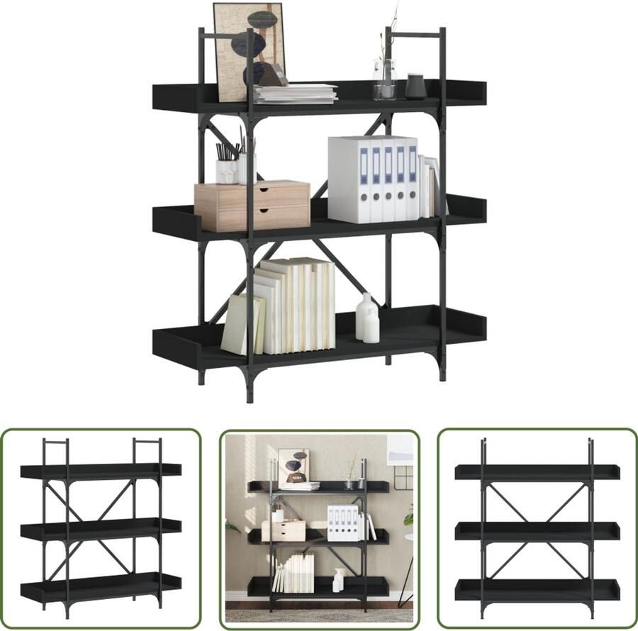 The Living Store Boekenkast 3-laags 100x33x108 5 cm bewerkt hout zwart Boekenkast Industrieel Houten Boekenkast Bibliotheekkast Opslagoplossing