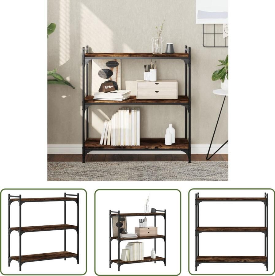 The Living Store Boekenkast 3-laags 80x30x86 cm bewerkt hout gerookt eikenkleur Boekenkast Industrieel Houten Boekenkast Bruine Boekenkast Vintage Boekenkast