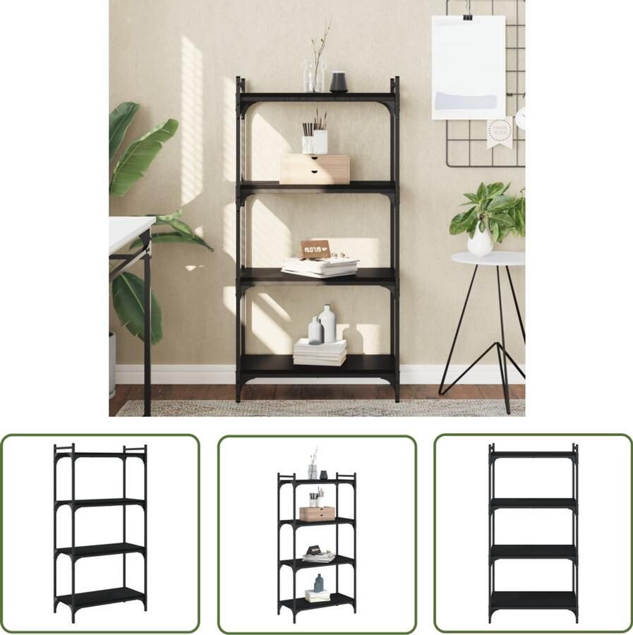The Living Store Boekenkast 4-laags 60x30x120 cm bewerkt hout zwart Boekenkast Industrieel Zwarte Boekenkast Houten Boekenkast Boekenplank