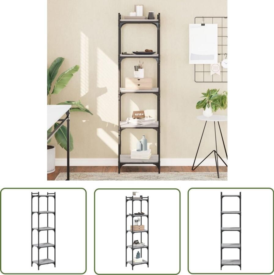 The Living Store Boekenkast 5-laags 40x30x154 cm bewerkt hout grijs sonoma eiken Boekenkast Industrieel Houten Boekenkast Grijze Boekenkast Boekenplank