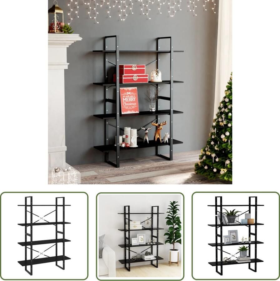 The Living Store Boekenkast met 4 schappen 100x30x140 cm spaanplaat zwart Boekenkast Industrieel Houten Boekenkast Zwarte Boekenkast Bibliotheek - Foto 2