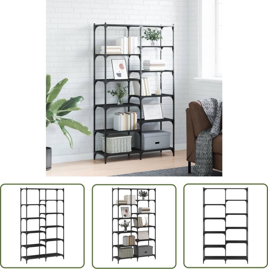 The Living Store Boekenrek 100x32x170 cm bewerkt hout en ijzer zwart Boekenrek Industrieel Boekenrek Houten Boekenrek Bibliotheek Kast Opbergkast - Foto 2