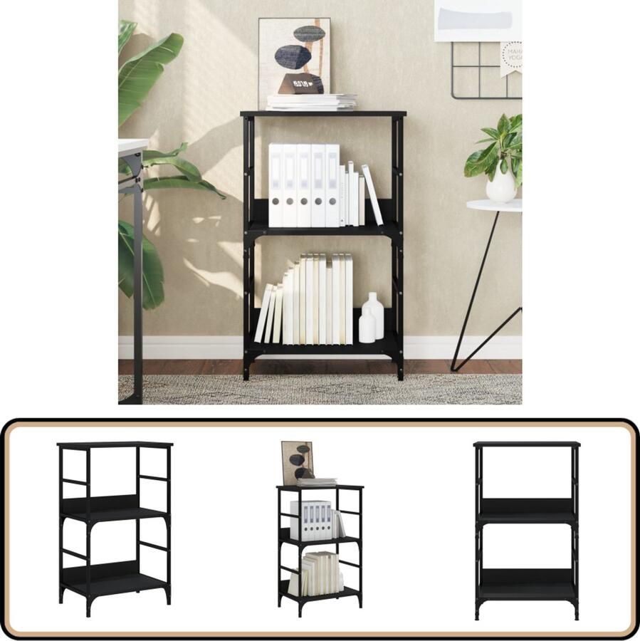 The Living Store Boekenrek Industrieel Zwart 50 x 33 x 82 cm Duurzaam bewerkt hout en staal Boekenrek Industrieel Boekenrek Zwarte Boekenkast Houten Boekenkast Metalen Boekenkast