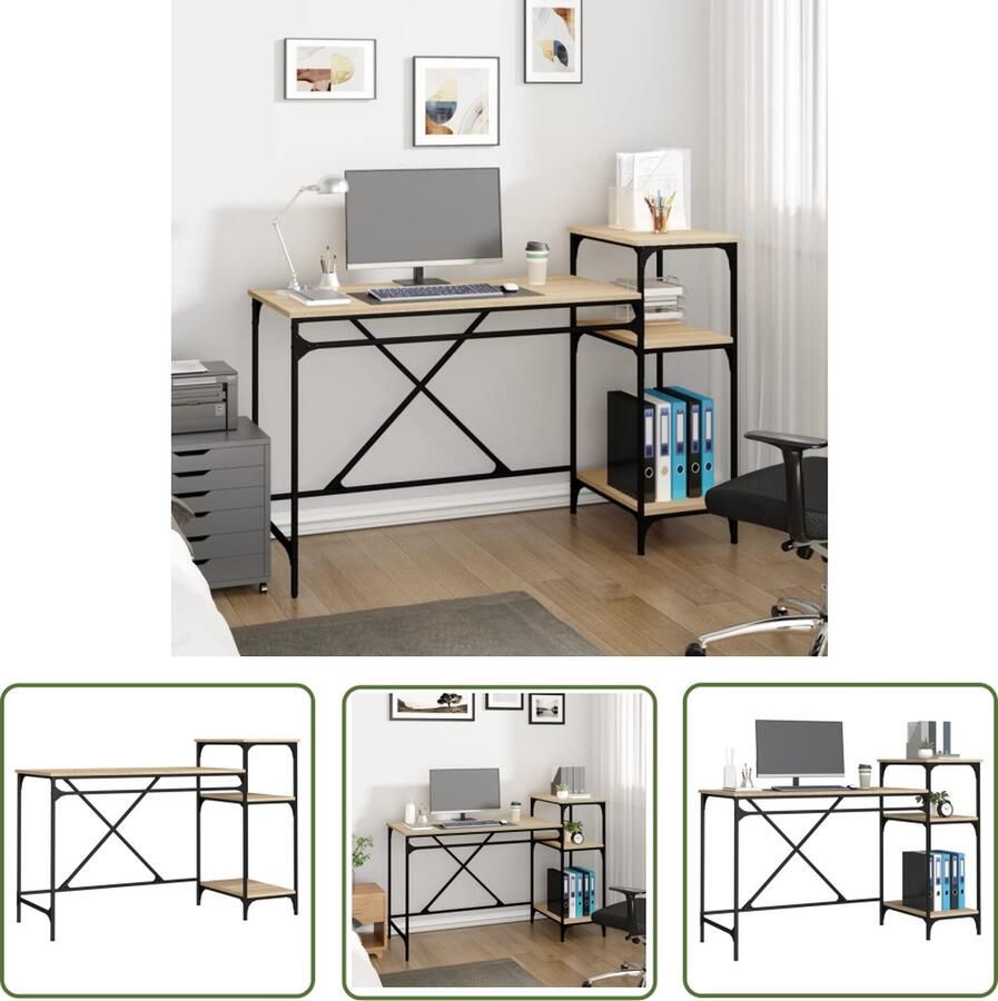 The Living Store Bureau schappen 135x50x90 bewerkt hout en ijzer sonoma eiken Schreibtafel Industrieel Bureau Houten Bureau Bureaus Met Vakken Sonoma Eiken Bureau - Foto 2
