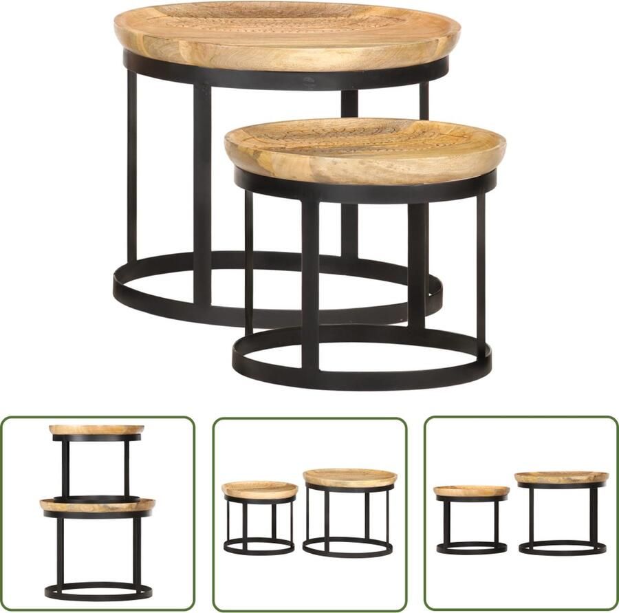 The Living Store Bijzettafel IndustriÃle Stijl 53x44 cm en 43x36 cm Massief Mangohout en Staal Bijzettafel Industrieel Design Mango Wood Metalen Onderstel Vintage Meubilair - Foto 2