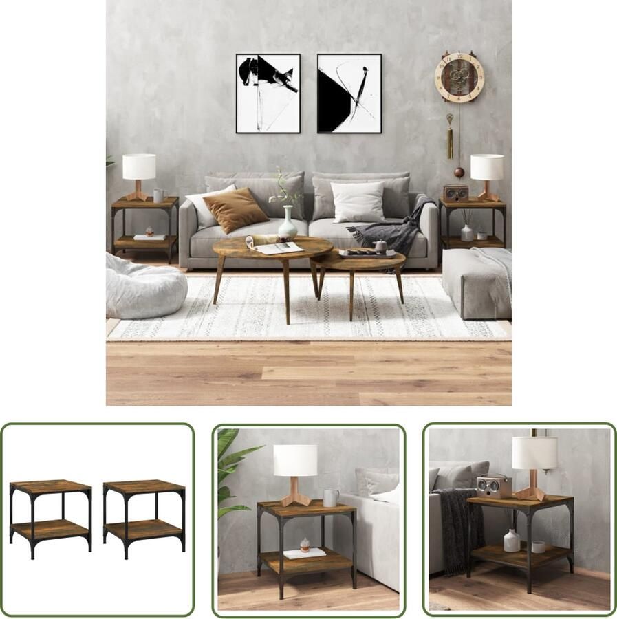 The Living Store Bijzettafels IndustriÃle Trend Hout Staal 40x40x40cm Gerookt Eiken Bijzettafels Industrieel Design Houten Meubilair Bruine Tafels Kleine Tafeltjes - Foto 2