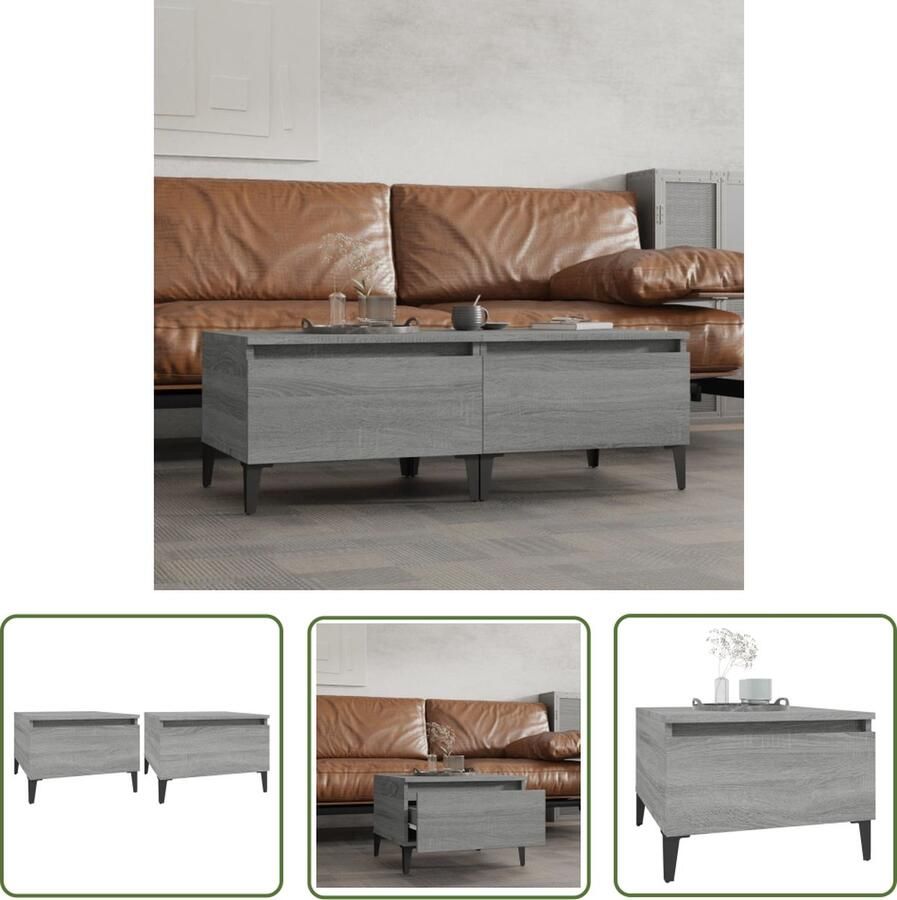 The Living Store IndustriÃle Bijzettafels Grijs Sonoma Eiken Stevig Vochtbestendig Met 1 Lade Metalen Voeten 50x46x35cm Set van 2 Bijzettafels Industrieel Design Houten Tafel Grijze Tafel Salontafel - Foto 2