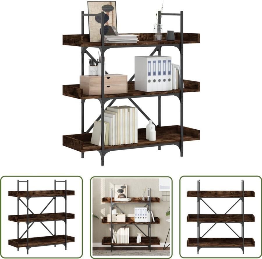 The Living Store Boekenkast 3-laags 100x33x108 5 cm bewerkt hout gerookt eiken Boekenkast Industrieel Design Bruine Boekenkast Vintage Boekenkast Houten Boekenkast