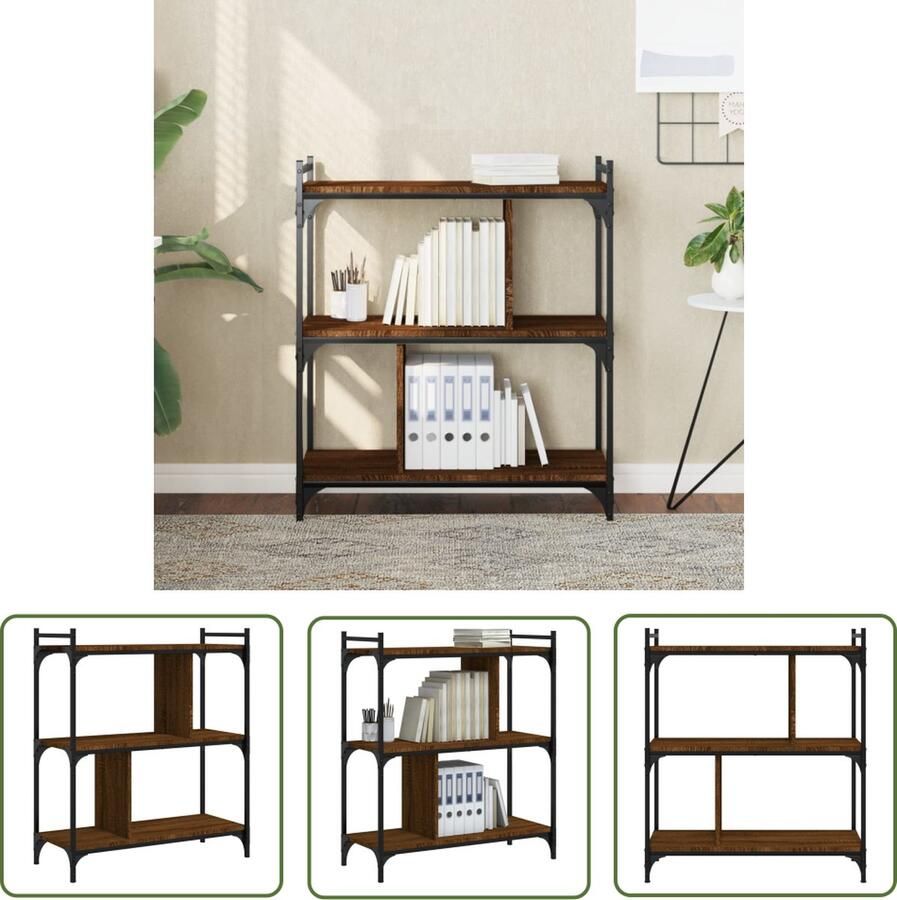 The Living Store Boekenkast 3-laags 76x32x88 cm bewerkt hout bruin eikenkleur Boekenkast Industrieel Design Houten Kast Bruine Kleur Woonaccessoires