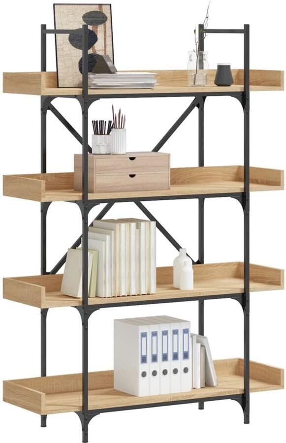The Living Store Boekenkast 4-laags 100x33x145 5 cm bewerkt hout sonoma eiken Boekenkast Industrieel Design Houten Boekenkast Sonoma Eiken Bibliotheekkast