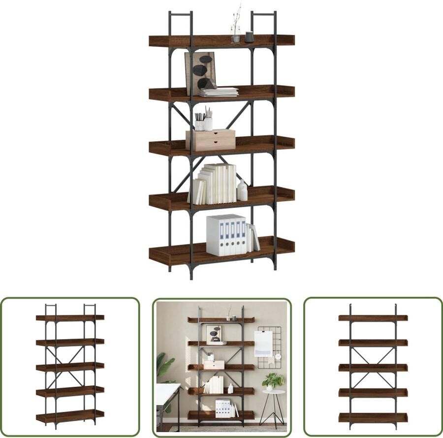 The Living Store Boekenkast 5-laags 100x33x180 5 cm bewerkt hout bruineikenkleur Boekenkast Industrieel Design Houten Boekenkast Bruine Boekenkast Bibliotheekkast