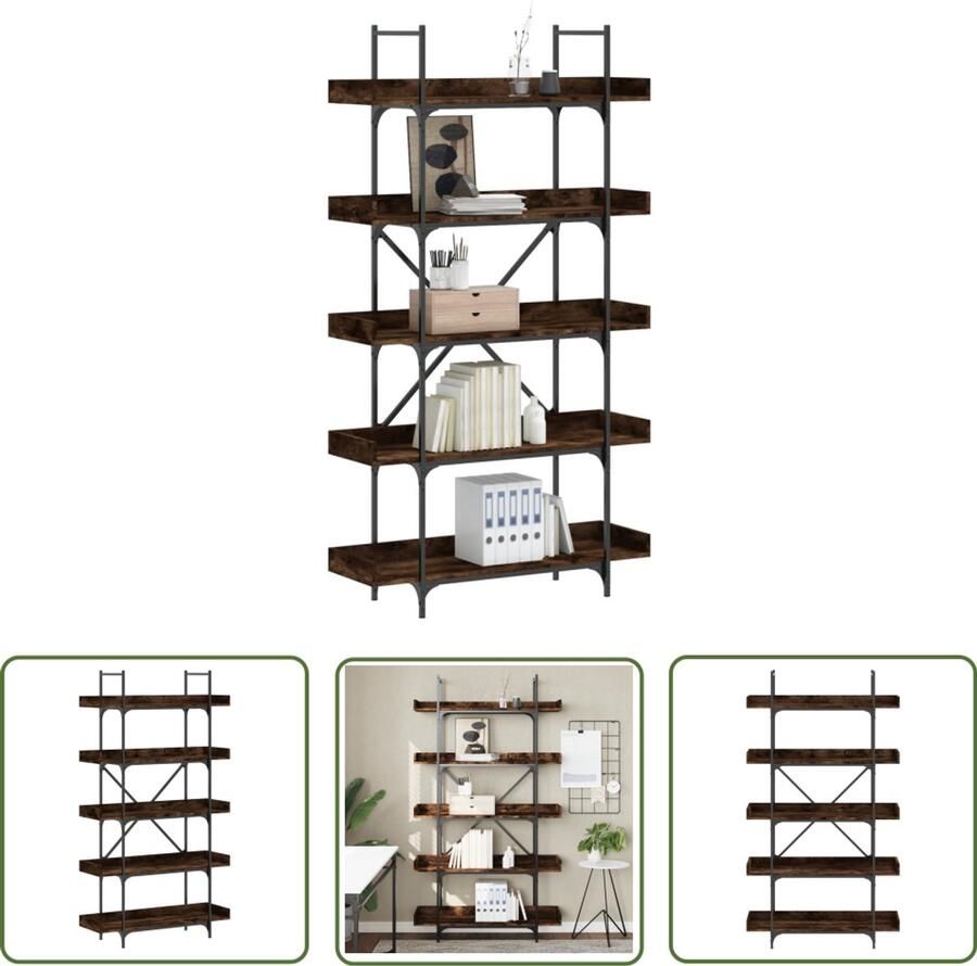 The Living Store Boekenkast 5-laags 100x33x180 5 cm bewerkt hout gerookt eiken Boekenkast Industrieel Design Houten Boekenkast Bruine Boekenkast Vintage Boekenkast
