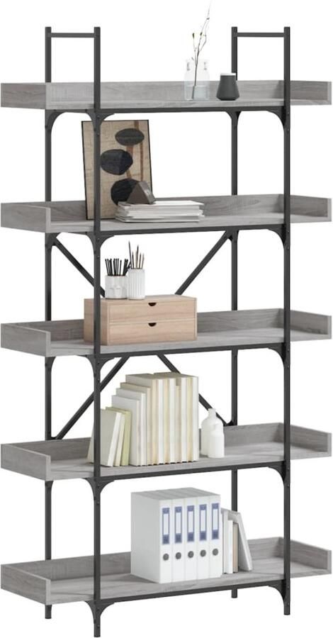 The Living Store Boekenkast 5-laags 100x33x180 5 cm bewerkt hout grijs sonoma Boekenkast Industrieel Design Houten Boekenkast Grijze Boekenkast Vintage Boekenkast - Foto 2