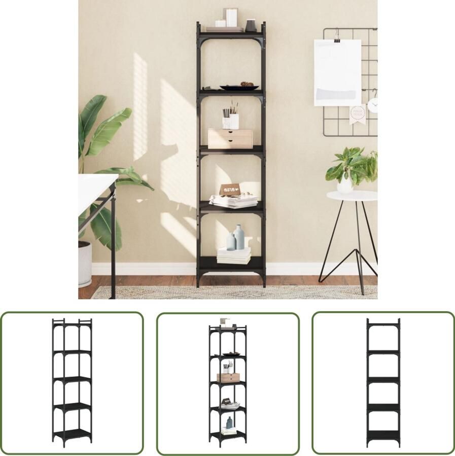 The Living Store Boekenkast 5-laags 40x30x154 cm bewerkt hout zwart Boekenkast Industrieel Design Houten Boekenkast Zwarte Boekenkast Bibliotheekkast