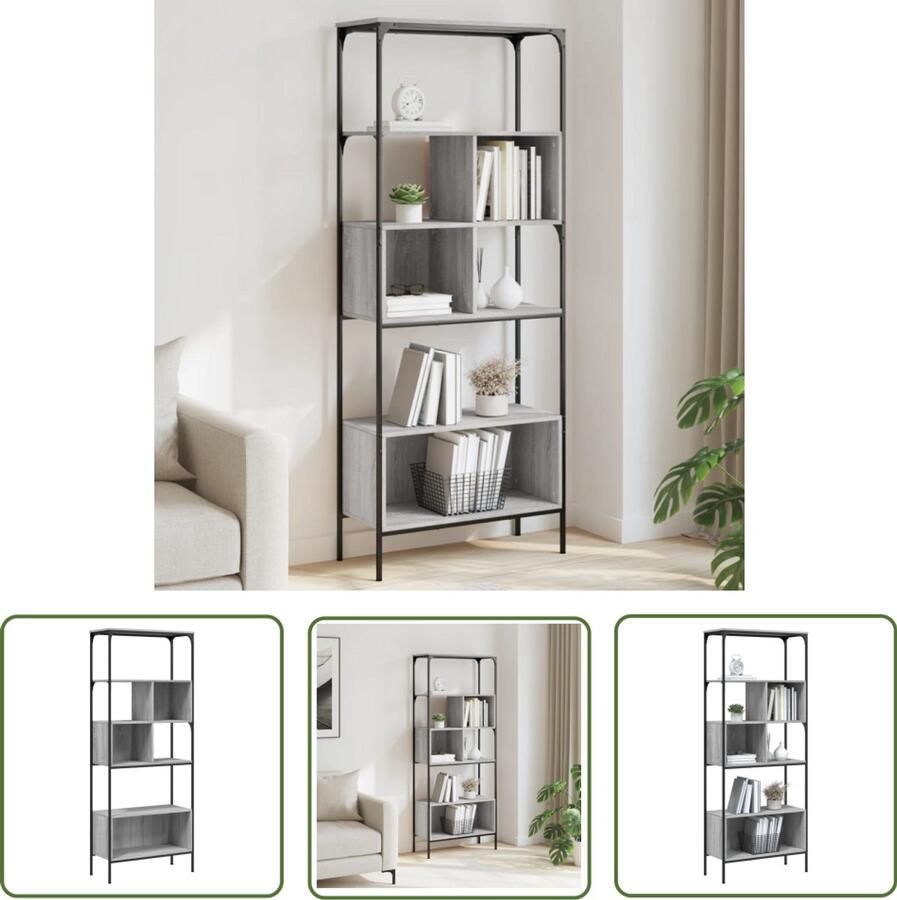 The Living Store Boekenkast 5-laags 76x33x188 5 cm bewerkt hout grijs sonoma Boekenkast Industrieel Design Houten Boekenkast Grijze Boekenkast Boekenplank