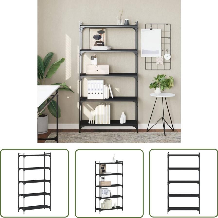 The Living Store Boekenkast 5-laags 80x30x154 cm bewerkt hout zwart Boekenkast Industrieel Design Houten Boekenkast Zwarte Boekenkast Boekenplank