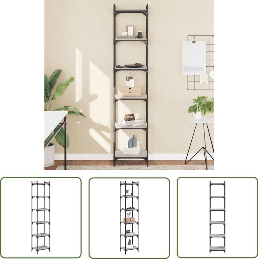 The Living Store Boekenkast 6-laags 40x30x188 cm bewerkt hout grijs sonoma eiken Boekenkast Industrieel Design Houten Boekenkast Grijze Boekenkast Bibliotheekkast