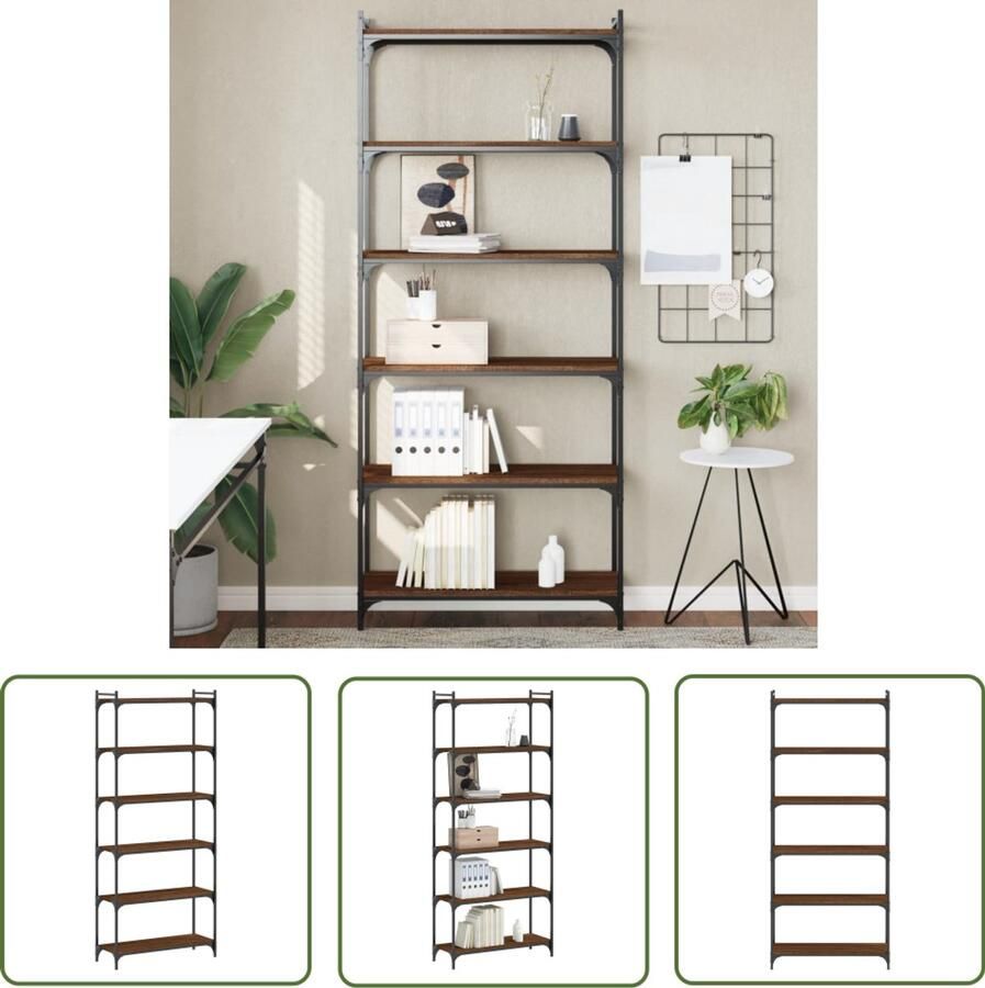 The Living Store Boekenkast 6-laags 80x30x188 cm bewerkt hout bruin eikenkleur Boekenkast Industrieel Design Houten Boekenkast Vintage Boekenkast Bibliotheekkast