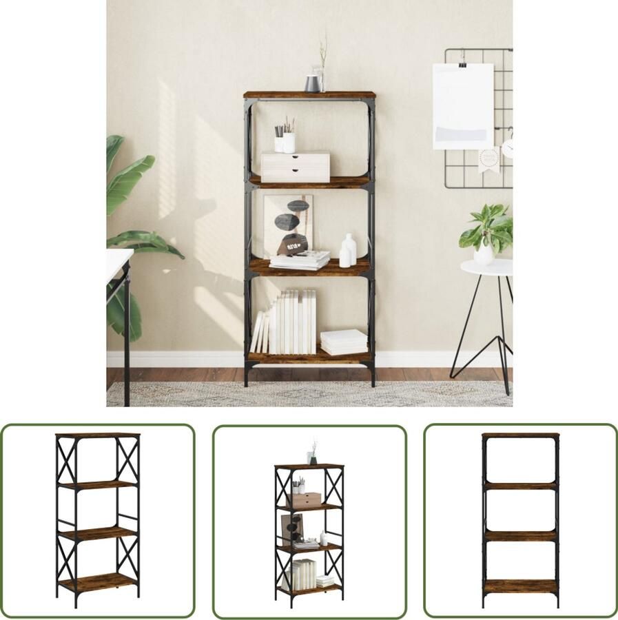 The Living Store Boekenkast 4-laags 59x35x132 cm bewerkt hout gerookt eikenkleur Boekenkast Vintage Industrieel Design Houten Boekenkast Bruine Boekenkast Boekenplank