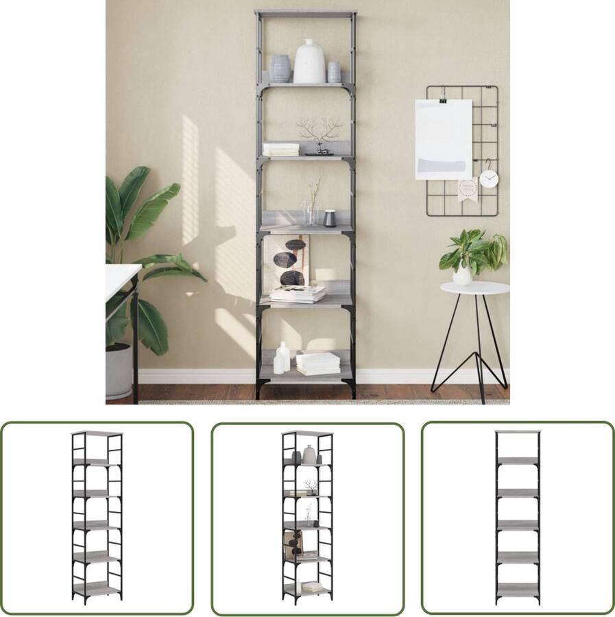 The Living Store Boekenrek 50x33x188 5 cm bewerkt hout grijs sonoma eikenkleurig Boekenrek Industrieel Design Houten Boekenkast Grijze Boekenkast Bibliotheek