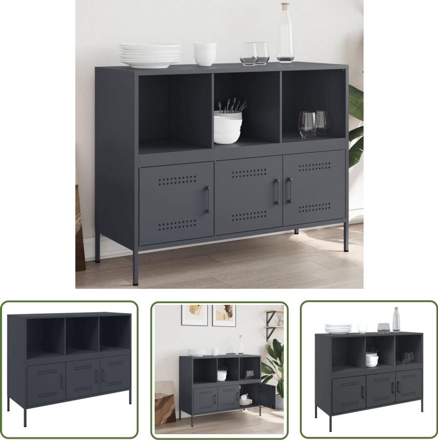 The Living Store Dressoir 100 5x39x79 cm staal antracietkleurig Industriele Dressoir Staaldresser Salontafel Tv Tafel Opbergkast
