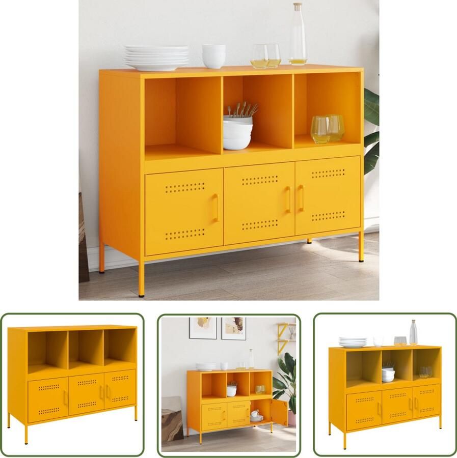 The Living Store Dressoir 100 5x39x79 cm staal mosterdgeel Industriele Dressoir Vintage Dressoir Staaldresser Opbergkast Industrieel Salontafel Industrieel