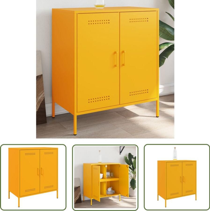 The Living Store Dressoir 68x39x79 cm staal mosterdgeel Industriele Dressoir Metalen Dressoir Vintage Dressoir Opbergdressoir Salontafel