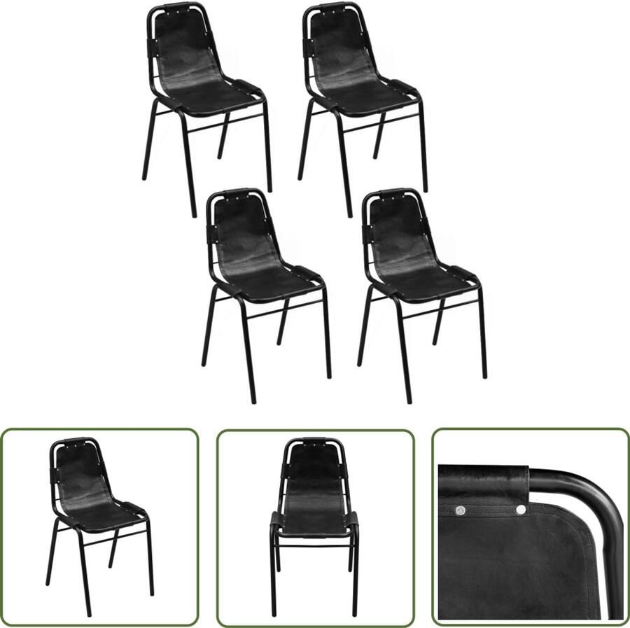 The Living Store Eetkamerstoelen 4 st echt leer zwart Eettafel Stoelen Industrieel Design Leren Stoelen Zwarte Stoelen Eetkamer Set