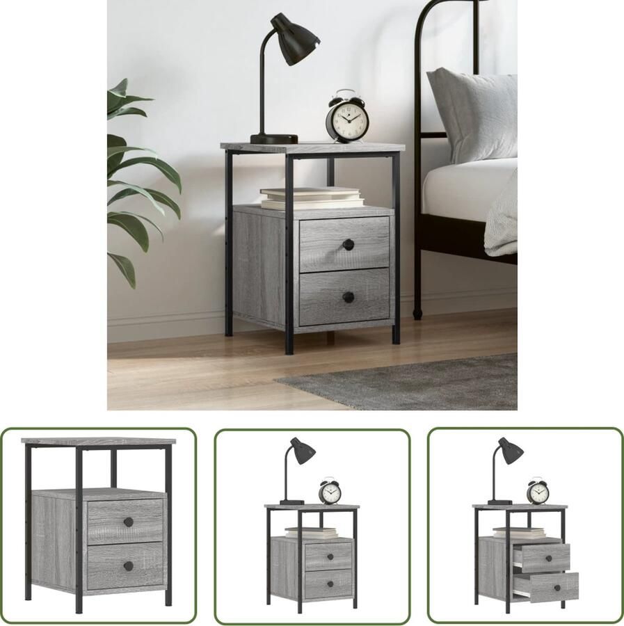 The Living Store Nachtkastje Industrieel Grijs Sonoma Eiken 34x35.5x50cm Met Verstelbare Poten Nachtkastje Industrieel Design Grijze Kleur Houten Kast Metalen Frame - Foto 2