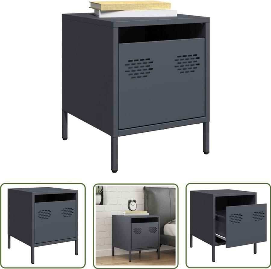 The Living Store Nachtkastje 35x39x43 5 cm staal antracietkleurig Nachtkastje Industrieel Design Robuust Stevig Metaalkasten