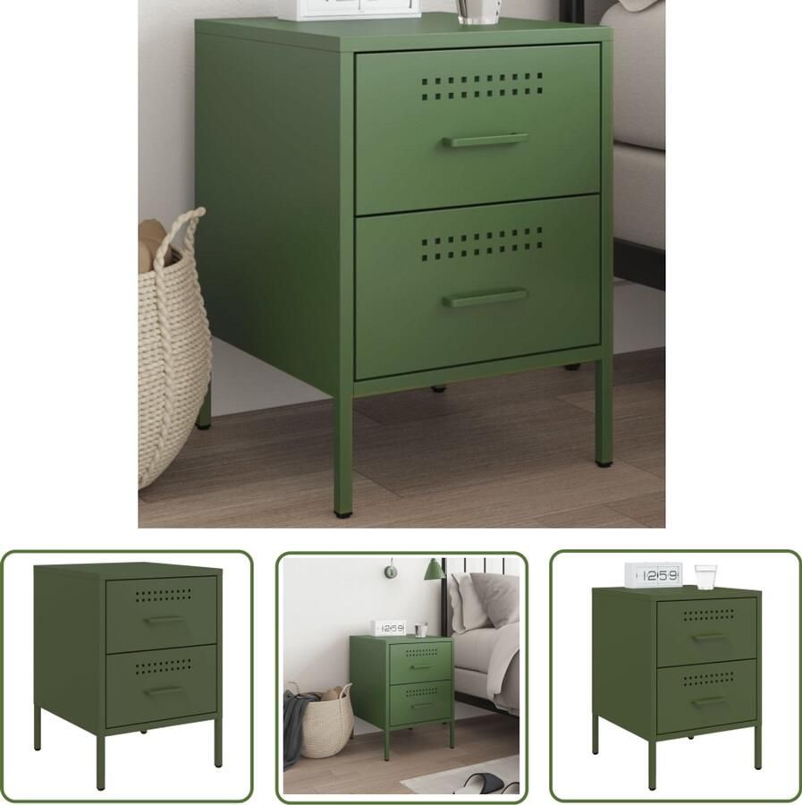 The Living Store Nachtkastje 36x39x50 5 cm staal olijfgroen Nachtkastje Industrieel Design Metalen Nachtkastje Staal Nacht Kast Olijfgroene Nachtkast