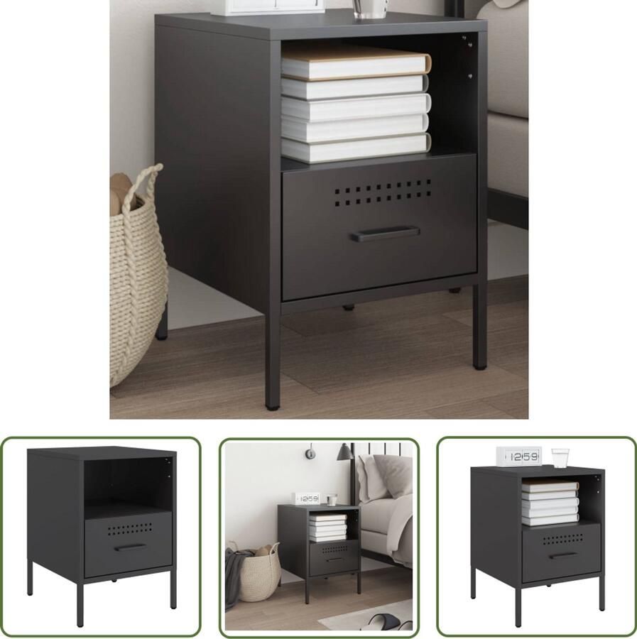 The Living Store Nachtkastje 36x39x50 5 cm staal zwart Nachtkastje Industrieel Design Staal Zwart Opbergruimte