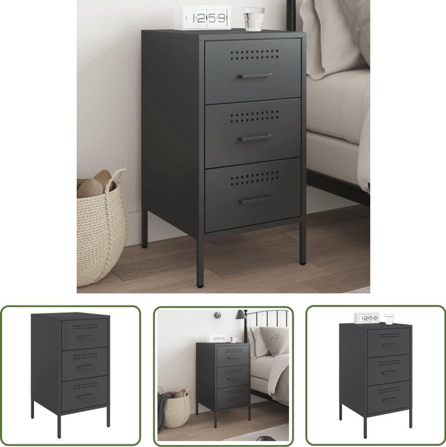 The Living Store Nachtkastje 36x39x68 cm staal zwart Nachtkastje Industrieel Design Zwarte Nachtkast Staal Nachttafel Koudgewalst Staal