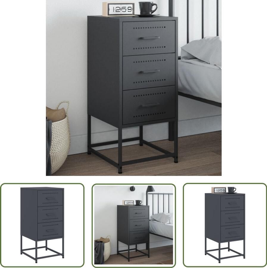 The Living Store Nachtkastje 36x39x78 cm staal antracietkleurig Nachtkastje Industrieel Design Metalen Kast Staalkast Zwarte Kast