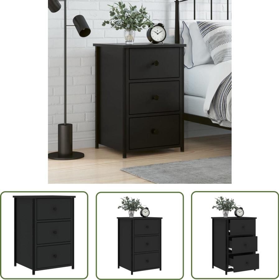 The Living Store Nachtkastje 40x36x60 cm bewerkt hout zwart Nachtkastje Industrieel Design Houten Kast Metalen Kast Zwarte Kast