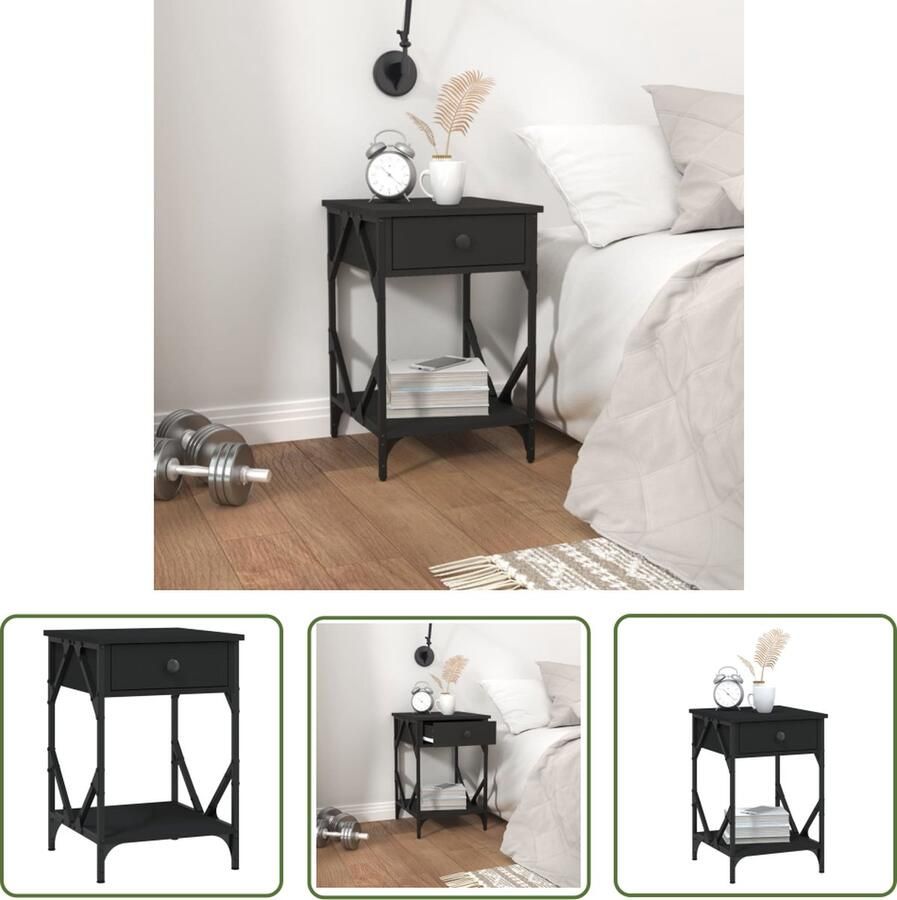 The Living Store Industrieel Nachtkastje Zwart 40 x 42 x 60 cm Duurzaam materiaal Nachtkastje Industrieel Design Houten Nachtkastje Bijzettafel Slaapkamerstijl - Foto 2