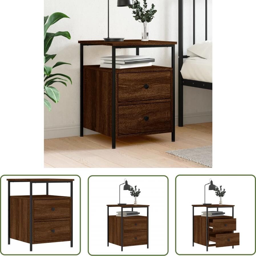 The Living Store Nachtkastje IndustriÃle Stijl 44 x 45 x 60 cm Bruineiken Nachtkastje Industrieel Design Kast Slaapkamermeubel Houten Nachtkastje - Foto 2
