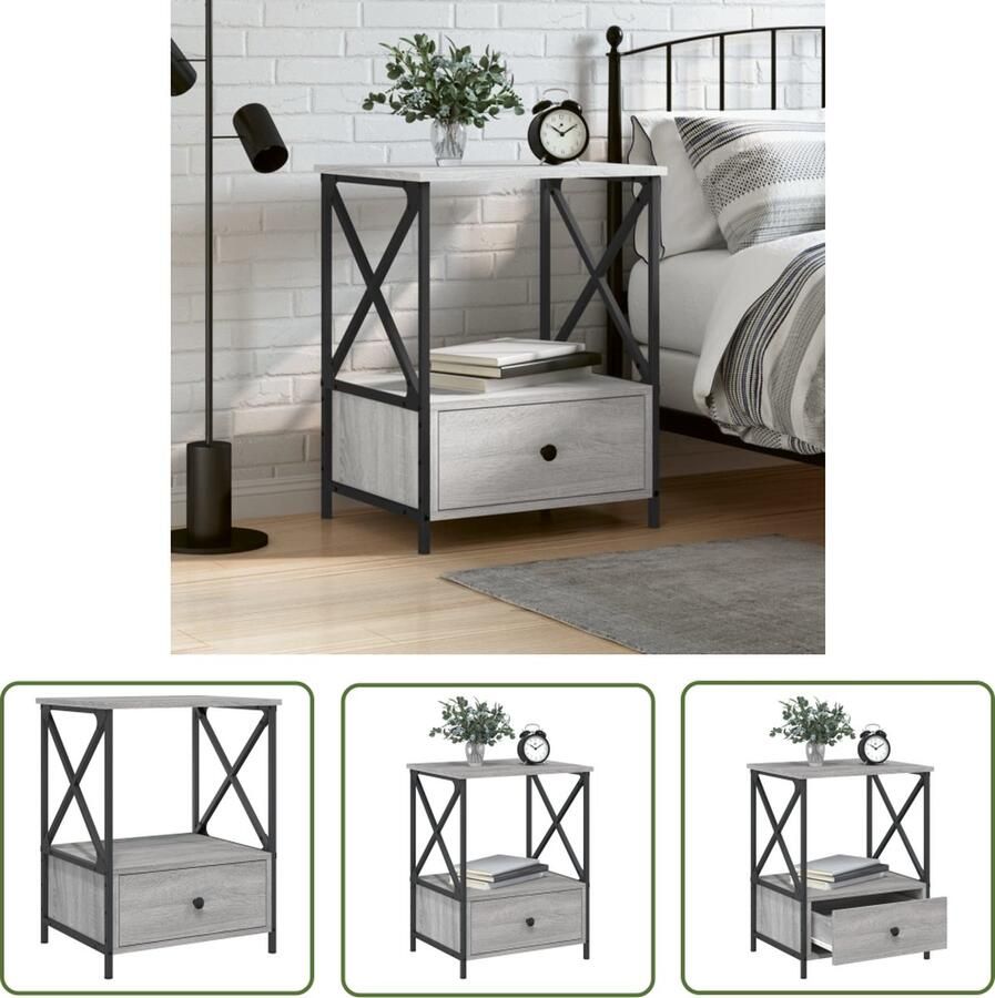The Living Store Nachtkastje IndustriÃle uitstraling Grijs Sonoma Eiken 50 x 41 x 65 cm Nachtkastje Industrieel Design Grijze Kleur Houten Meubilair Slaapkamermeubilair - Foto 2
