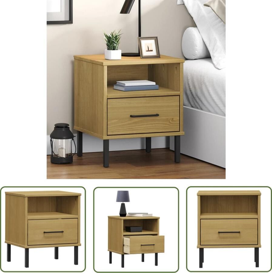 The Living Store OSLO Nachtkastje Massief grenenhout 40 x 35 x 46.5 cm IndustriÃle uitstraling Nachtkastje Industrieel Design Houten Nachtkastje Grenenhouten Meubilair Bruine Nachtkast - Foto 2