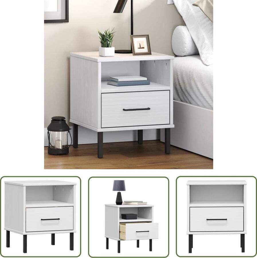 The Living Store OSLO Nachtkastje Massief grenenhout Wit 40 x 35 x 46.5 cm IndustriÃle uitstraling Nachtkastje Industrieel Design Houten Nachtkastje Grenenhouten Meubilair Witte Nachtkast - Foto 2