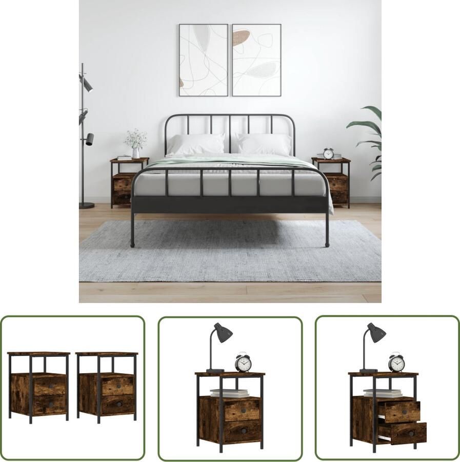 The Living Store Nachtkastje IndustriÃle Stijl Gerookt Eiken 34x35.5x50cm 2 Stuks Nachtkastje Industrieel Design Houten Kast Bruine Kleur Slaapkamer Meubel - Foto 2